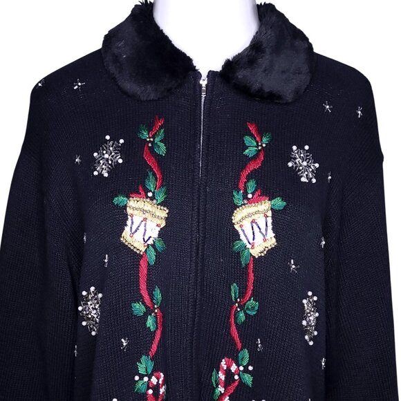 Vintage Vj Woman Christmas Sweater 1X Faux Fur Collar Embroidered Nutcracker - Picture 1 of 6